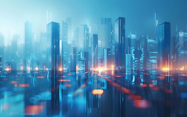 Aufkleber - 鮮やかな青とオレンジのライトを備えた未来的な都市景観の高層ビルと抽象的な反射と都会の背景