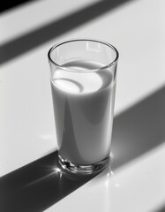 Poster - a high contrast black and white photo emphasizing the transparency of the glass and the purity of the milk, with dramatic shadows.