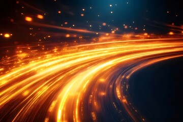 Poster - 鮮やかなオレンジ色の光のトレイルによる抽象的な未来的な高速道路とモーションぼかし効果のある暗い背景