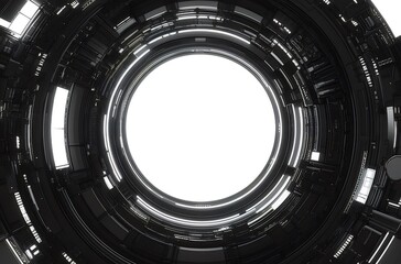 Aufkleber - 未来的な金属製トンネルの内観 光沢のある表面と幾何学的なパターンが特徴 背景は白く照らされ デジタルアートワークのコンセプトを示しています