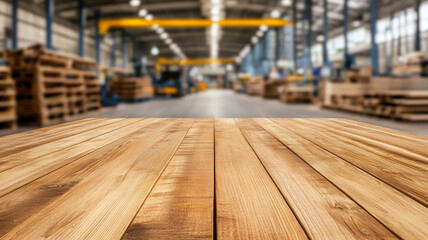 Aufkleber - Clean wooden tabletop with warm polished surface, set in spacious warehouse environment
