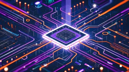 Poster - 紫とオレンジの回路基板抽象的な技術デザインと未来的な光るエフェクトを備えた詳細なマザーボード技術的背景