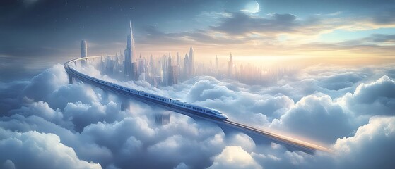 Aufkleber - 青と白の空に浮かぶ未来都市の景観と綿密な雲 海抜の高い都会のビルディングと建築物のスカイラインを望む幻想的なデザイン