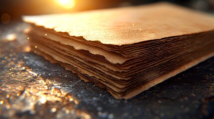 Aufkleber - Close-Up of Stacked Brown Papers with Golden Lighting