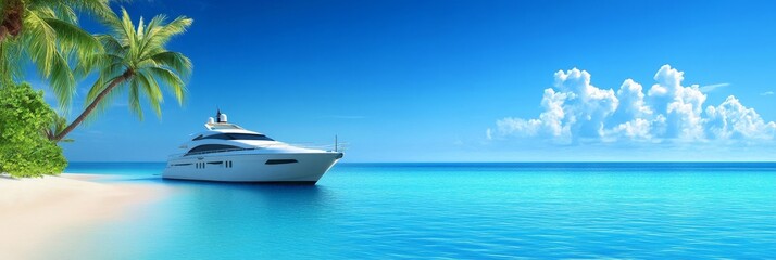 Wall Mural - Luxury Yacht at Tropical Beach - A pristine white yacht rests peacefully near a tropical beach, under a vibrant blue sky with fluffy clouds