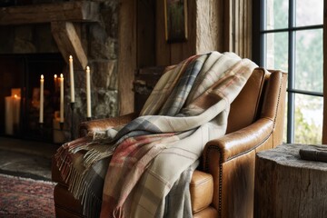 Poster - Warm-colored Plaid Draped Over Rustic Armchair in Cozy Living Room With a Fireplace and Candles Illuminating the Space Generative AI