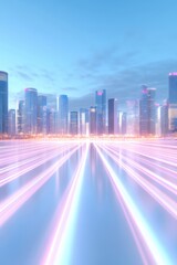 Poster - 青空に映える近代的な都市景観 ライトアップされた高層ビル群と輝く光跡が未来的な雰囲気を演出