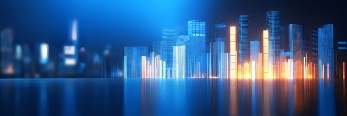Aufkleber - オレンジと青色の照明を持つ都市景観の抽象的なデジタルレンダリング 夜の背景に未来的高層ビルのスカイライン