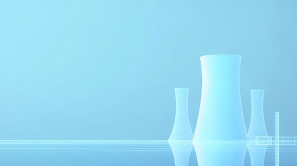 Aufkleber - 水面に反射する青色の背景を持つ原子力発電所の冷却塔のミニマルな描写と未来的なエネルギー生産施設