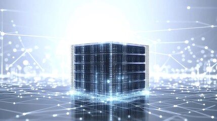 Aufkleber - 青と白の背景にデジタルネットワークを持つ抽象的な3Dキューブが照らされている近未来的なテクノロジーコンセプト