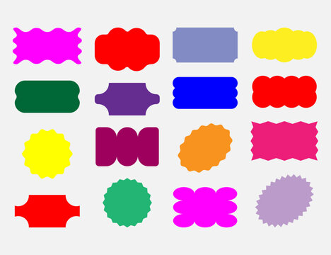  Retro badges Y2K.  Zig zag wavy shape frames. Abstract geometric shapes Groovy retro. Funky geometric hippie elements. Vector rectangular and round abstract