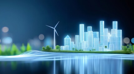 Aufkleber - 青い都市スカイライン風力タービンと緑豊かな風景を背景にした反射水面 未来的なエネルギーと持続可能性の概念