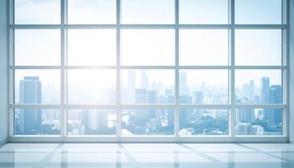 a bright and modern window view showcasing a city skyline, blending natural light with urban archite
