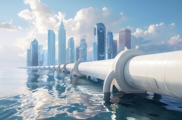Aufkleber - 水上の白いパイプラインと明るい空を背景にした未来的な都市のスカイライン アーキテクチャと輸送インフラストラクチャとモダンなデザイン