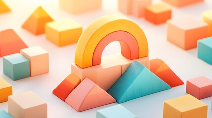 Poster - Colorful Geometric Blocks Forming a Rainbow Arch on White Background
