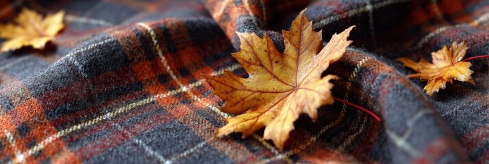 Aufkleber - Tartan Pattern Fabric Adorned With Dried Maple Leaves Capturing Autumns Essence in a Cozy Setting Generative AI