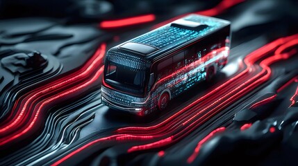 Aufkleber - 抽象的なデジタルバスの概念アートワーク 未来的な交通機関を特徴とする青と赤のネオンライトとピクセル化されたデザイン