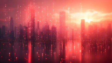 Aufkleber - 赤い空に浮かぶ抽象的な都市景観 夜のシルエット建築と高層ビル群