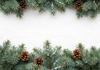 Wall Mural - Christmas frame with fir branches and cones on white background, copy space