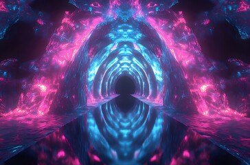 Aufkleber - 抽象的なネオンアーチトンネル 未来的なサイバー空間 輝くブルーとピンクの幾何学模様背景