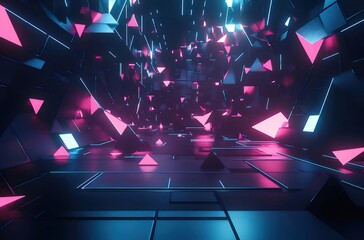 Aufkleber - 青とピンクのネオン幾何学的な抽象的な背景のトンネル 3D レンダリング