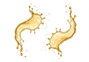 Poster - Golden liquid splash with droplets, isolated on white background, forming abstract shapes and curves