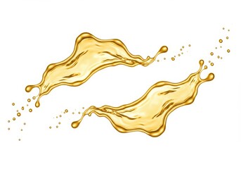 Poster - Golden liquid splash with small droplets isolated on white background, creating a dynamic and fluid design element