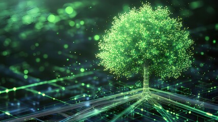 Aufkleber - 抽象的なデジタル ツリーのイラストと未来的なテクノロジーの背景に緑色の光が輝き 環境と持続可能性を表す