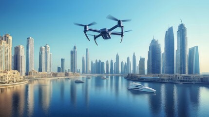 Aufkleber - 晴れた日の近代的な都市景観の上空を飛ぶドローン 青い空と水に映る高層ビルが特徴的な未来的な都市の眺め