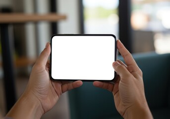 Person holding a smartphone with a blank white screen in landscape orientation indoors