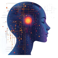 Aufkleber - 青い背景にオレンジ色のアクセントのある人工知能の顔のシルエットのデジタルアートワーク