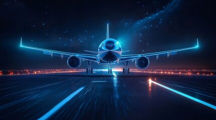 Poster - デジタル空港の滑走路に佇む青い光に縁取られた飛行機の夜景テクノロジー