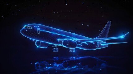 Poster - 青色のデジタル点線と線で作られた未来的な飛行機のイラストと暗い背景の反射を備えたダイナミックな航空機のレンダリング
