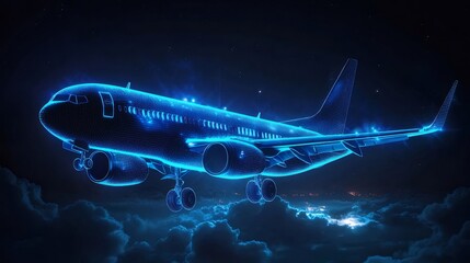 Poster - 青い輝きを放つデジタル飛行機が夜空を飛ぶ テクノロジーと旅行の未来を象徴する抽象的な航空イラスト
