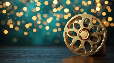 Wall Mural - Golden film reel on dark surface with bokeh lights
