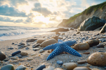 Wall Mural - beautiful blue starfish lies on sandy beach, surrounded by smooth pebbles and rocks, as sun sets in background, creating serene and picturesque scene