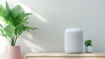Poster - 卓上にある白いスマートスピーカーと鉢植えの静物写真 自然光が差し込む明るい室内 シンプルな背景と緑豊かな植物がリラックスした雰囲気