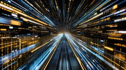 Poster - ブルーとゴールドの抽象的なライトストリームがスピード感と未来的なデザインを表現