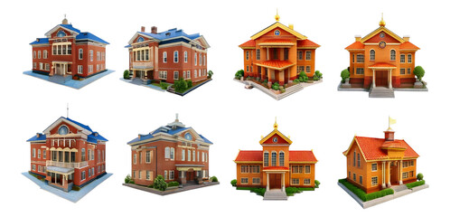 Colorful Architectural Models of Classic Buildings for Design Projects, Isolated on Transparent, white background