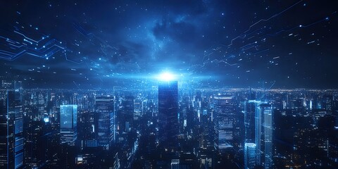 Aufkleber - 青い夜景のスカイラインと高層ビル群 都会の建物の光が輝く抽象的な背景デザイン