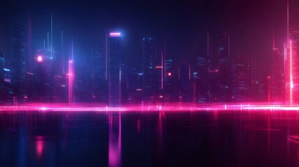 Aufkleber - ネオンの光が反射する未来的な都市夜景、青とピンクの照明、高層ビル群のスカイライン、抽象的な背景に輝く建造物
