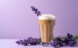 Lavender Latte and Blossoms - Refreshing lavender latte drink with fresh lavender flowers, perfect for summer. Purple background. High quality