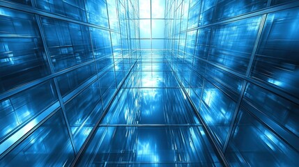 Abstract blue digital space futuristic corridor technology tunnel network innovation concept with glowing light cyber pathway connection