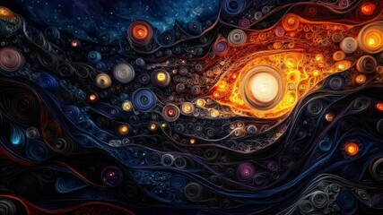 Poster - Abstract cosmic landscape with swirling patterns and vibrant colors representing the universe and celestial bodies in harmony 4k video footage