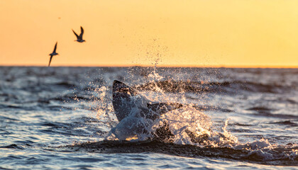Wall Mural - great white shark leaps out of water, creating splash against stunning sunset backdrop. scene captures beauty of nature and thrill of marine life