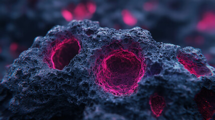 Poster - Abstract Image of Dark Textured Rock Surface with Glowing Pink Elements and Hollow Cavities