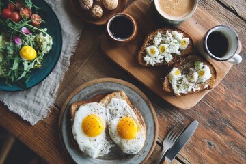Poster - Wholesome Breakfast Flatlay Featuring Eggs, Toast, and Coffee on a Rustic Wooden Table in Morning Light Generative AI