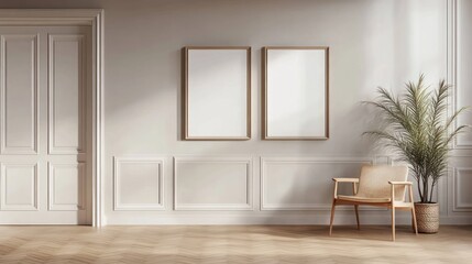 Poster - Elegant, sunlit interior with blank art frames