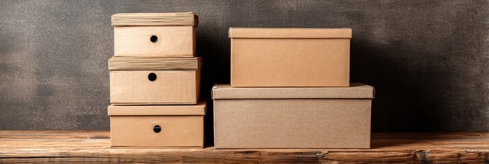 Poster - Stacked Storage Boxes Arranged Neatly on a Rustic Wooden Floor Creating an Organized Aesthetic for Decluttering and Storage Solutions Generative AI
