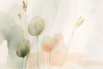 Poster - Watercolor plants and grasses in green pink and gold hues create a serene artwork